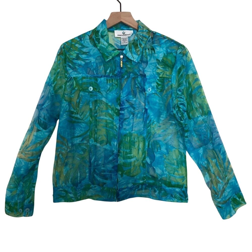 Erin London Tropical Blue Green Zip Up Lightweight Semi-Sheer Jacket Medium